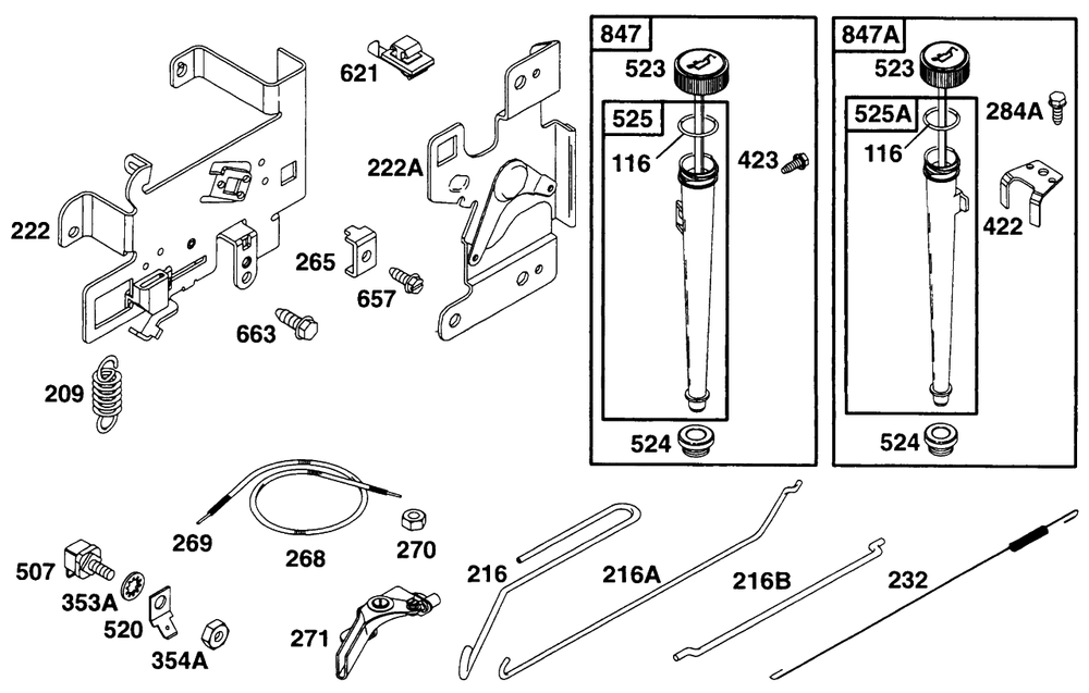 Controls, Oil Fill Diagram and Parts List for 282707-0118-XX  Briggs and Stratton Engine